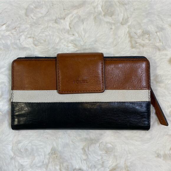 Fossil Leather Wallet Brown Cream Black Colorblock Striped Card Holder Zip - Picture 2 of 10